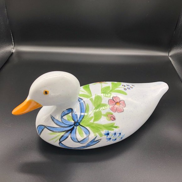 Vtg NS GUSTIN CO Handpainted Pottery Duck w Pink Cosmos and Blue Forget-Me-Nots - Picture 2 of 11